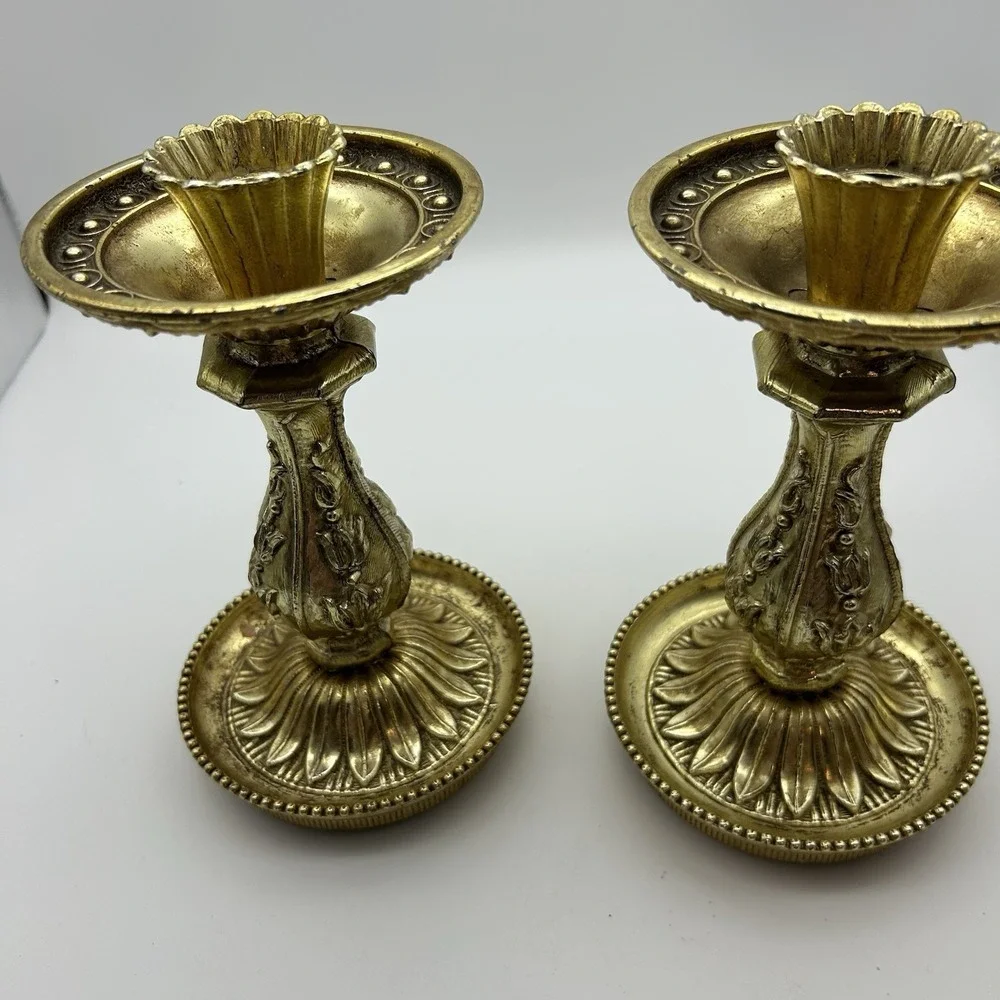 VTG‎ Villy Gold Ornate Cast Metal & Resin Candlestick Pillar Candle Holder SET 2